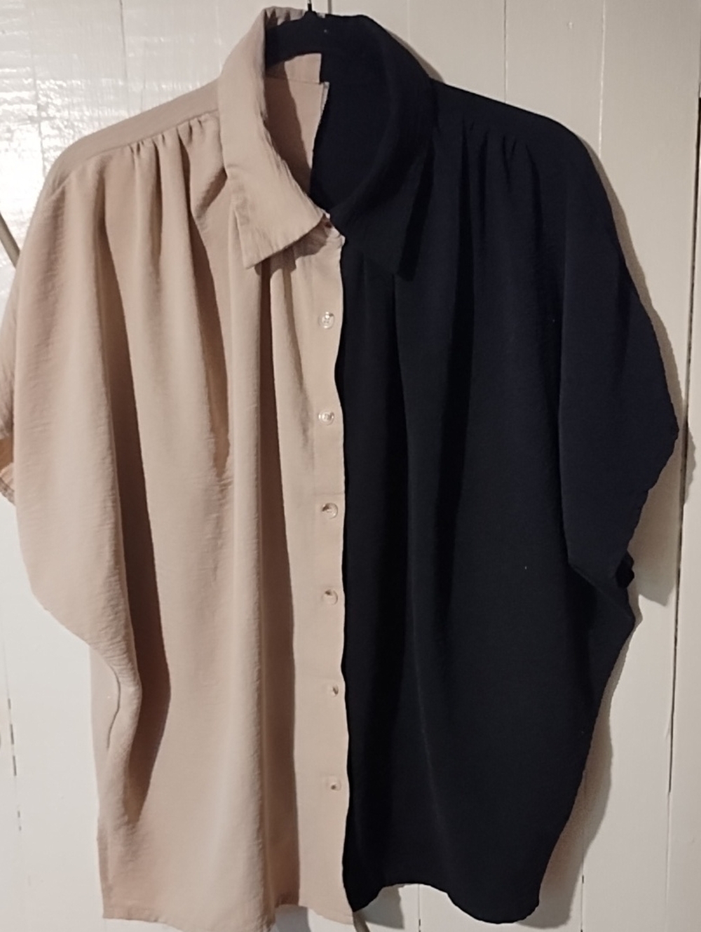 SHEIN EUC Size XL Beige and Black Two-Tone Button Down Blouse.